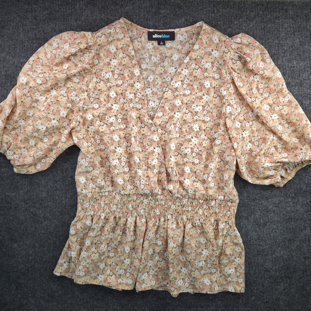 Alice Blue Floral Top Womens L Peach Polyester Smocked Puff Sleeve Cottagecore